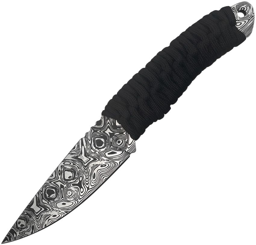 TKF101BKCS: Takumitak Nighthawk fixed blade, black paracord handle, 4.25" Damascus-etched 3Cr13 drop point blade