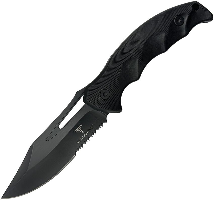 TKF317: Takumitak Obsidian fixed blade, black FRN handle, 4.25" black oxide 3Cr13 clip point blade