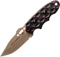 Tops C.A.T. 200 S-Series fixed blade knife with stonewashed bronze blade and red and black patterned handle.