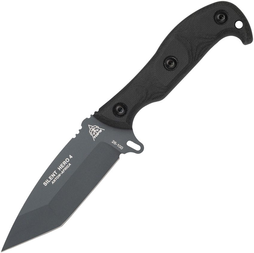 TPHER04T01: TOPS Silent Hero 4 fixed blade, black micarta handle, 4.25" blackwash 1095HC blade