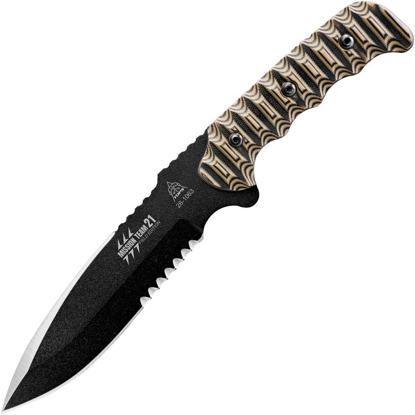TOPS Mission Team 21 Field Edition fixed blade knife with black 1095HC blade and black and tan G10 handle (TPMT21FE)