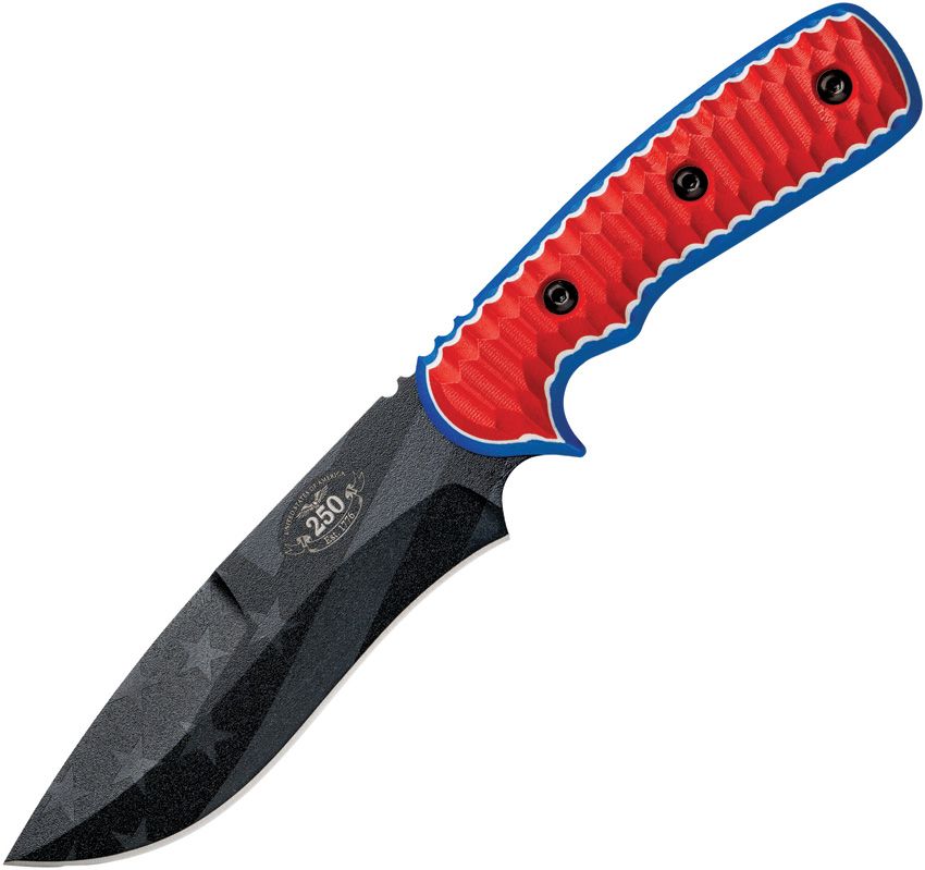 TPMTLN250: TOPS Mountain Lion Freedom Edition, red white and blue G10 handle, 5.63" black traction coated 1095HC blade