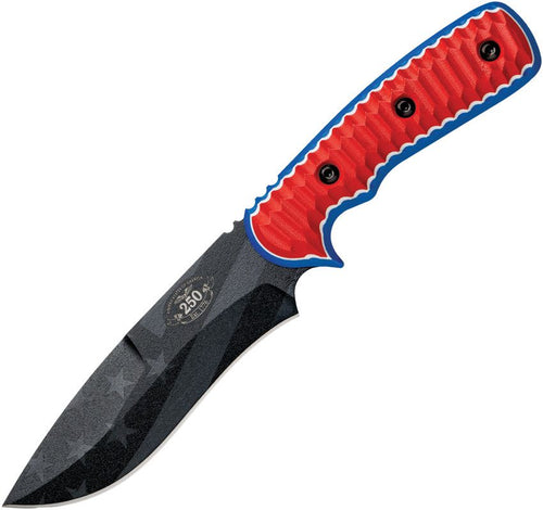 TPMTLN250: TOPS Mountain Lion Freedom Edition, red white and blue G10 handle, 5.63" black traction coated 1095HC blade