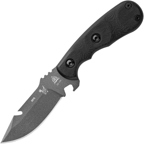 TPRPG01: TOPS RPG (Road Pup Goyo) fixed blade, black micarta handle, 3.5" black 154CM blade