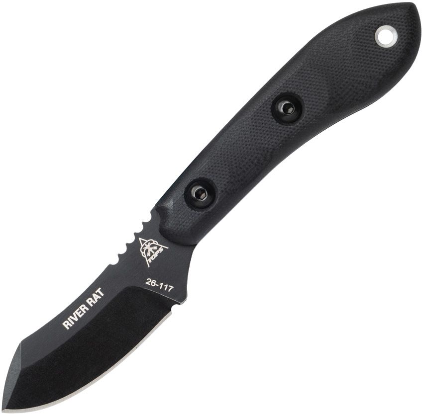 TPRRT01: TOPS River Rat fixed blade, black G10 handle, 2.75" blackwash 154CM blade