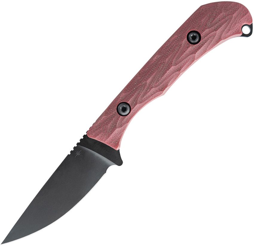 TR08508: Toor Barrow fixed blade, crimson red sculpted G10 handle, 2.88" black Gun-Kote MagnaCut drop point blade