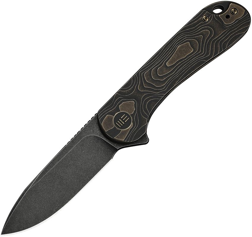 WE18062XA3: We Knife Elementum framelock, black and bronze titanium handle, 3" black stonewash MagnaCut drop point blade