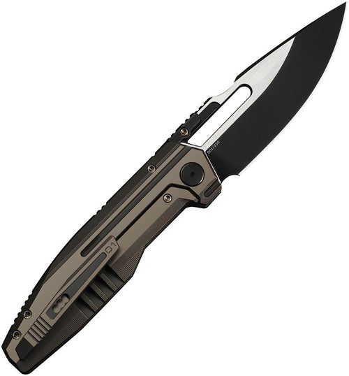 We Knife Co Ltd Reveille framelock folding knife with bronze handle and black coated blade.