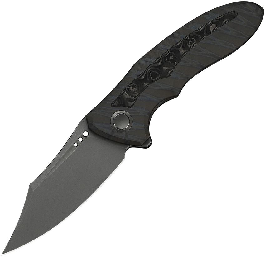 We Knife VARG framelock folding knife with stonewash MagnaCut blade and tiger stripe titanium rose CF handle (WE250743)