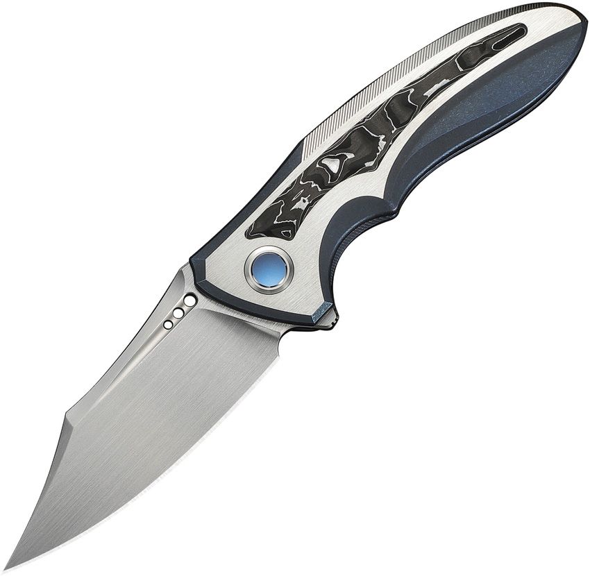 We Knife VARG framelock folding knife with satin MagnaCut blade and blue titanium aluminum foil CF handle (WE250744)