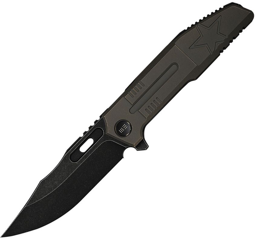 WE250782: We Knife Barracks framelock, bronze stonewash titanium handle, 3.88" black stonewash M390 clip point blade, limited edition