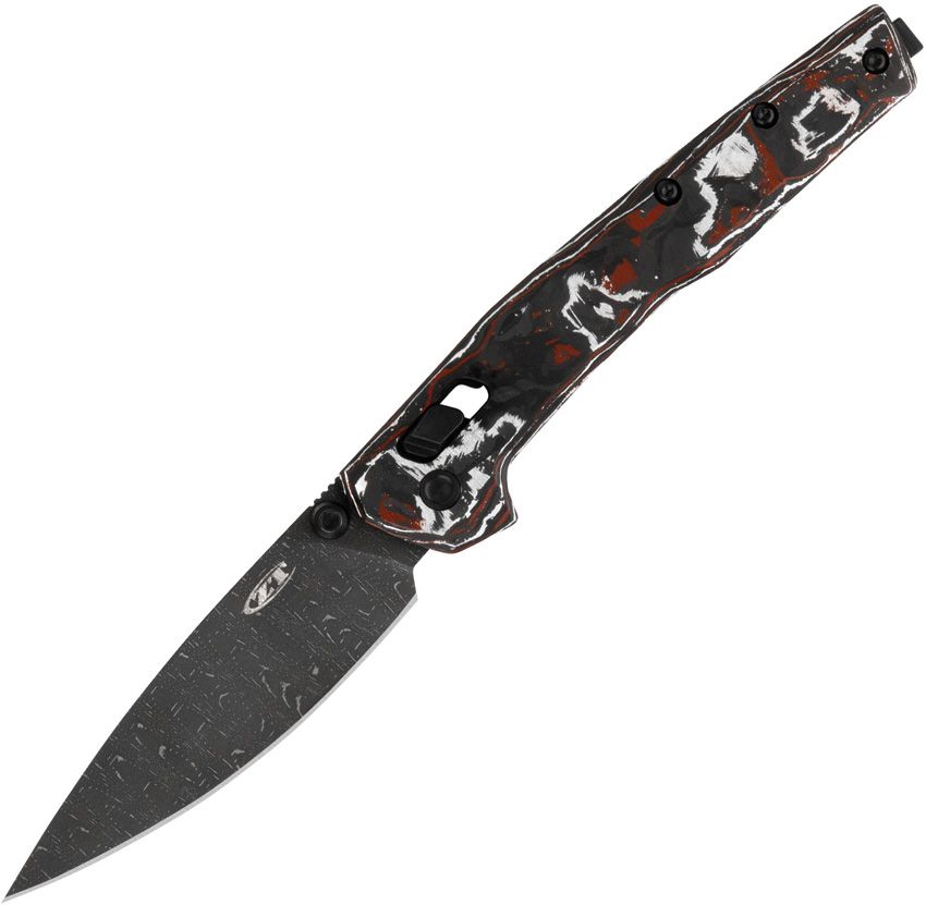 ZT0117VFDAM: Zero Tolerance 0117 DuraLock, red and white carbon fiber handle, 3.38" Vegas Forge Damascus blade