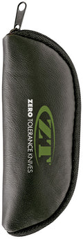 ZTPOUCH: Zero Tolerance zipper storage case, black leather with ZT logo and white sheepskin lining