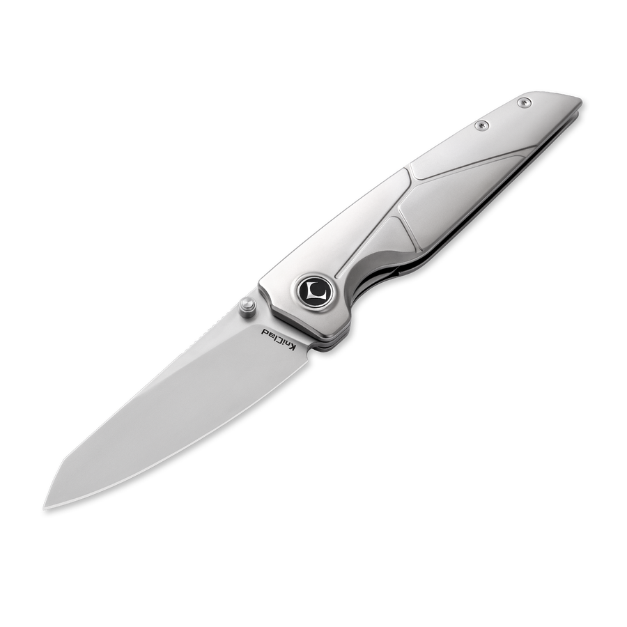 KCK0031: KniClad Zen linerlock, silver gray titanium handle, 3.39" nano-ceramic M390 reverse tanto blade