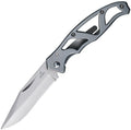 Gerber Mini Paraframe Framelock folding knife with satin blade and gray handle displayed at angle.